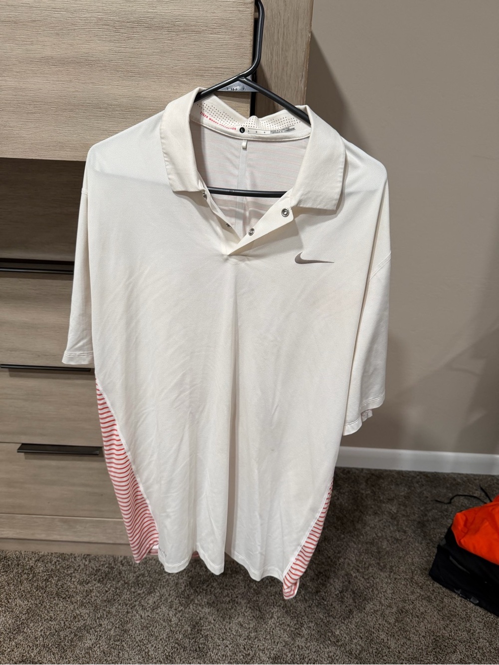 Nike Tiger Woods Collection Polo Shirt Men L White Red Striped Spine Snap Golf